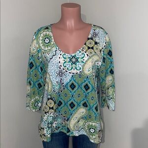 Chico's Teal and Lime Paisley Blouse 3/4 Length Sleeve